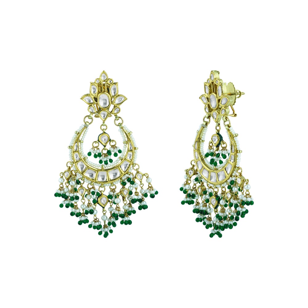 Chandbali Earrings with Polki, Green Beads, and Pearls